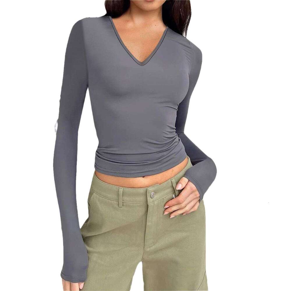 Autumn Winter European American Amazon New Wish Women's V-Neck Long Sleeve Basic Slim Fit Versatile T-Shirt Top for Women