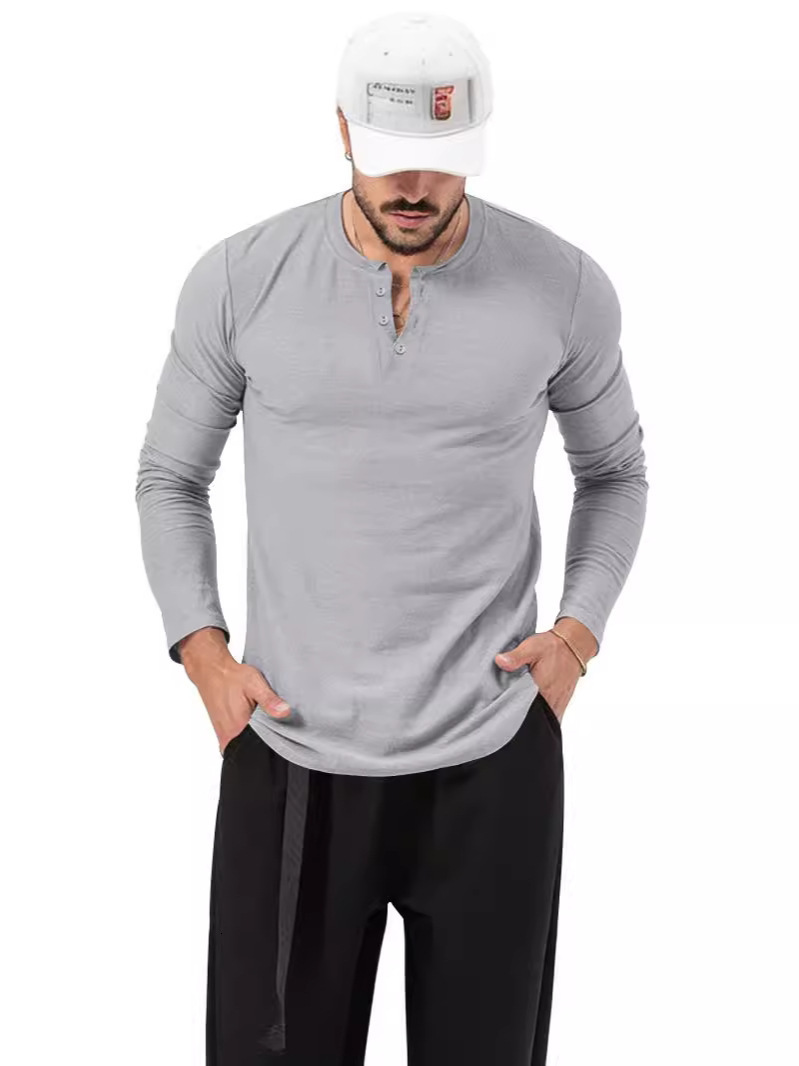 2024 Spring and Autumn Clothing Mens T-shirt Henley Shirt Long Sleeve Mens Bottom Shirt Mens