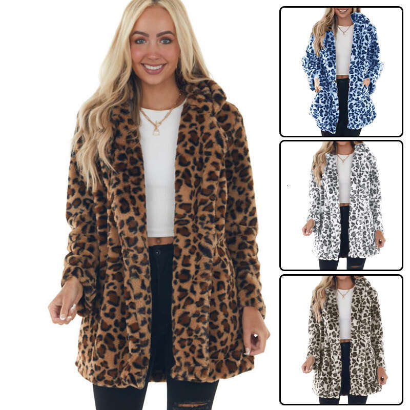 European and American Cross-Border Autumn Winter Leopard Print Faux Fur Women's Fashionable Elegant Side Pocket Loose Furry Coat