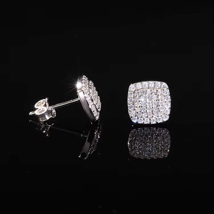 RTS Fashion Moissanite Earrings Square Style 925 Sterling Silver Round Moissanite Stud Earrings for Mans Women