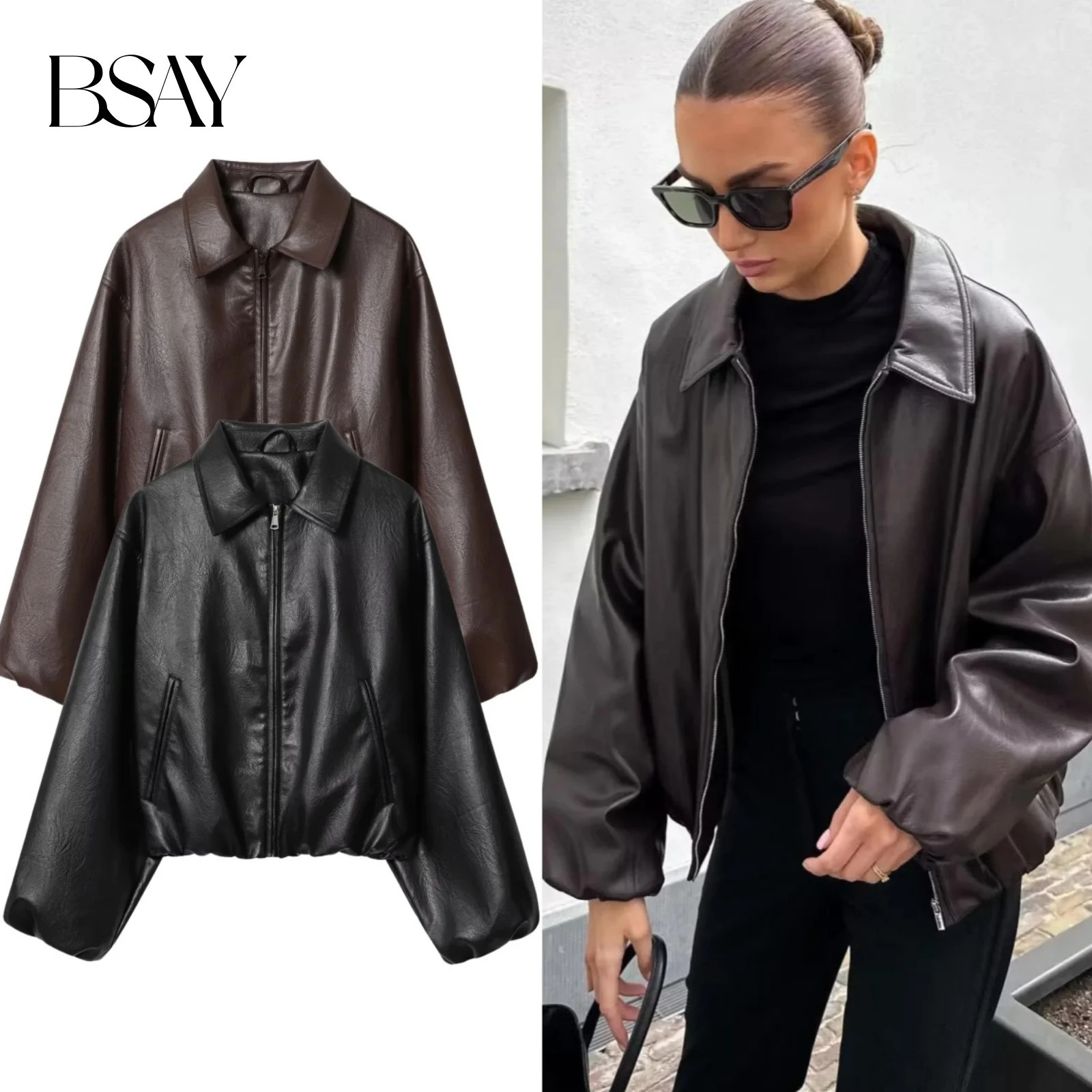 BSAY Fashion Versatile Zipper Collar Long Sleeve Loose Womens Autumn Collection Pilot Jacket Coat 251110