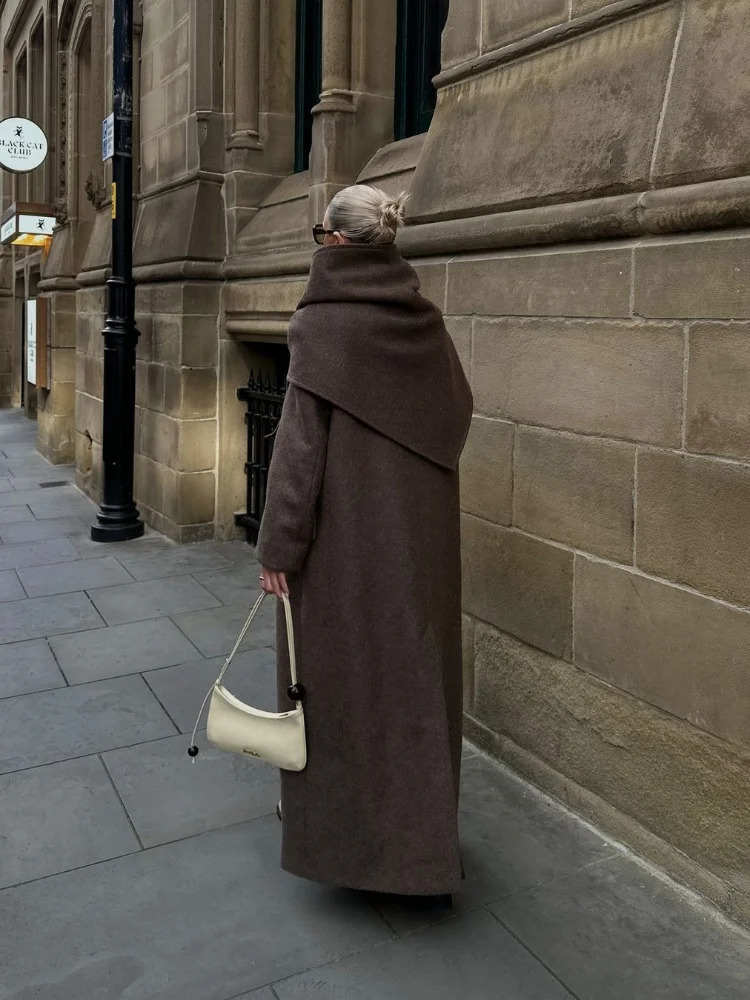 Brown Shoulder Pad Wool Blend Overcoat Women Elegant Lapel Singlebreasted Long Sleeve Coat Autumn Lady Outerwear 251023CJ