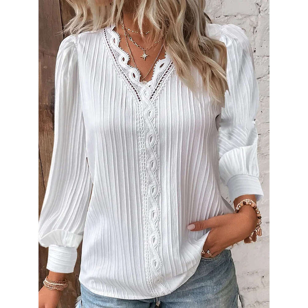 2025 Independent Station Wish Amazon Hot Item Autumn Long Sleeve V-Neck Lace Patchwork Shirt Blouse Women's Clothing