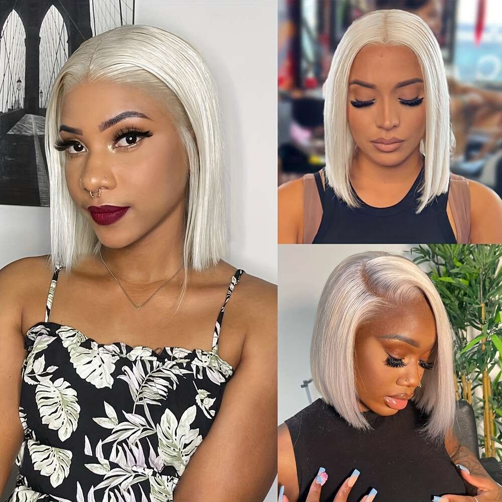 Short Bob White Colored Brazilian Pre Plucked Straight Wig With Natural Hairline Pixie Cut White Golden Blonde Color Transparent Lace Remy Human Hair 