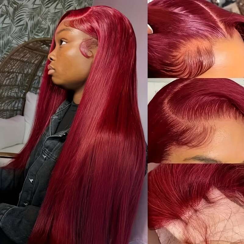 Bury 13X4 Wine Red Pre Plucked Baby Bone Front Brazilian Virgin Human Hair Colored #99J Straight Lace Frontal Wigs With Natural Hairline For