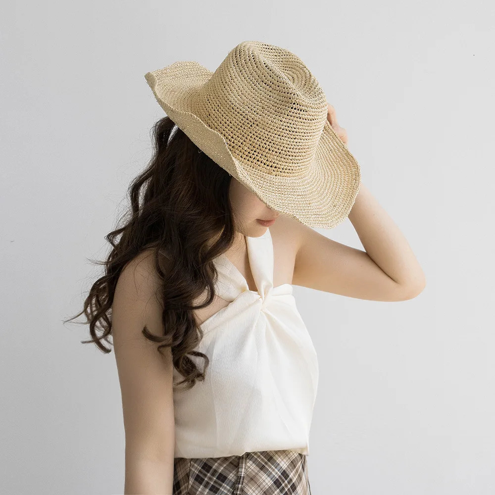 USPOP Spring Summer Fashion Casual Simple Crochet Raffia Cowboy Hat with Curled Brim Outdoor Sun Protection Straw Hat 250409