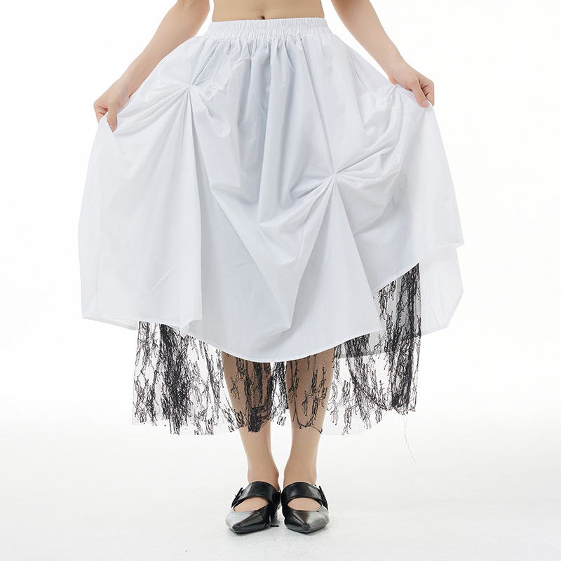 Y42190 High Quality Spring Temperament Original Large Size Women's Pleated Skirt Loose Slimming Mesh Splicing Skirt