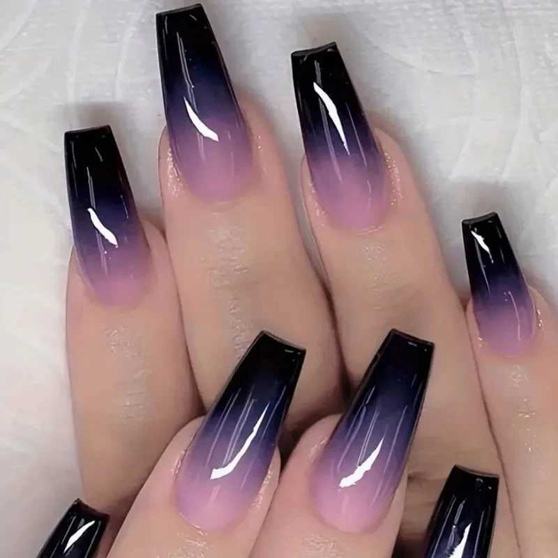 24 Coffin square artificial fake nails with glue pressed onto the nails complete set of tools long purple blue gradient fake nails W250410