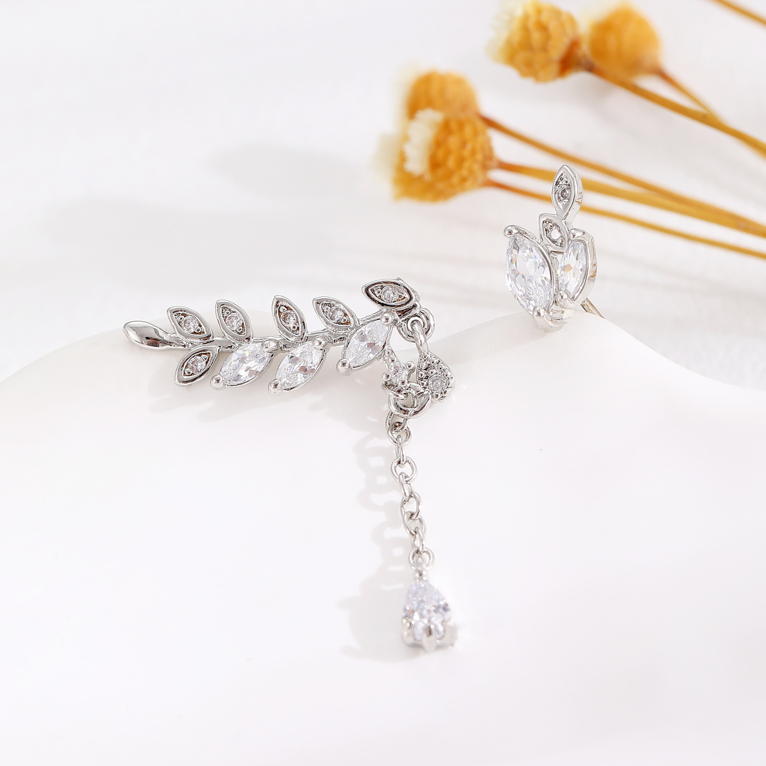 Fashion Asymmetric Copper Inlaid Zircon Leaf Earrings for Women
