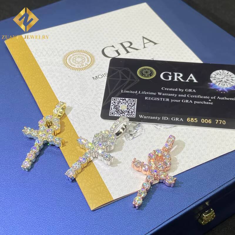 New Products Ice Out Moissanite VVS Cross Pendant Flower Shape 925 Sterling Silver Pendant Pass Diamond Tester Hip Hop Style GRA