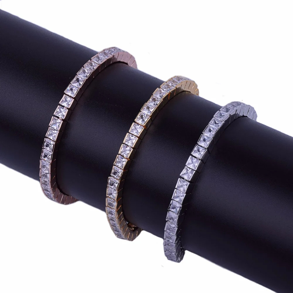 5mm Iced Out Baguette Tennis Bracelet Men Hip Hop Jewelry Copper Material Box Clasp Square Silver Color Link 18cm 250408