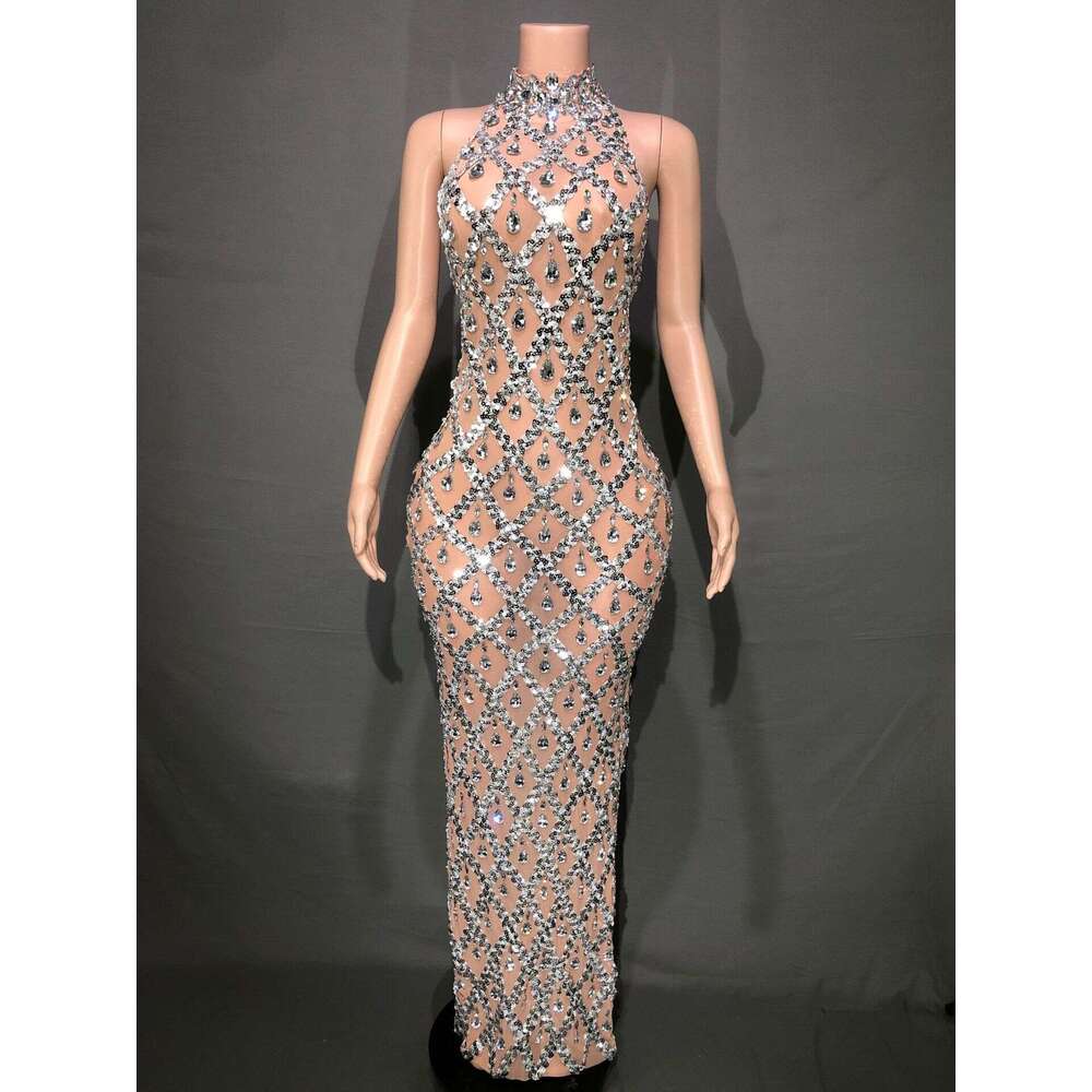 Hot Sale Foreign Trade Shiny Rhinestone Plus Size Women's Evening Party Gown Long Dress