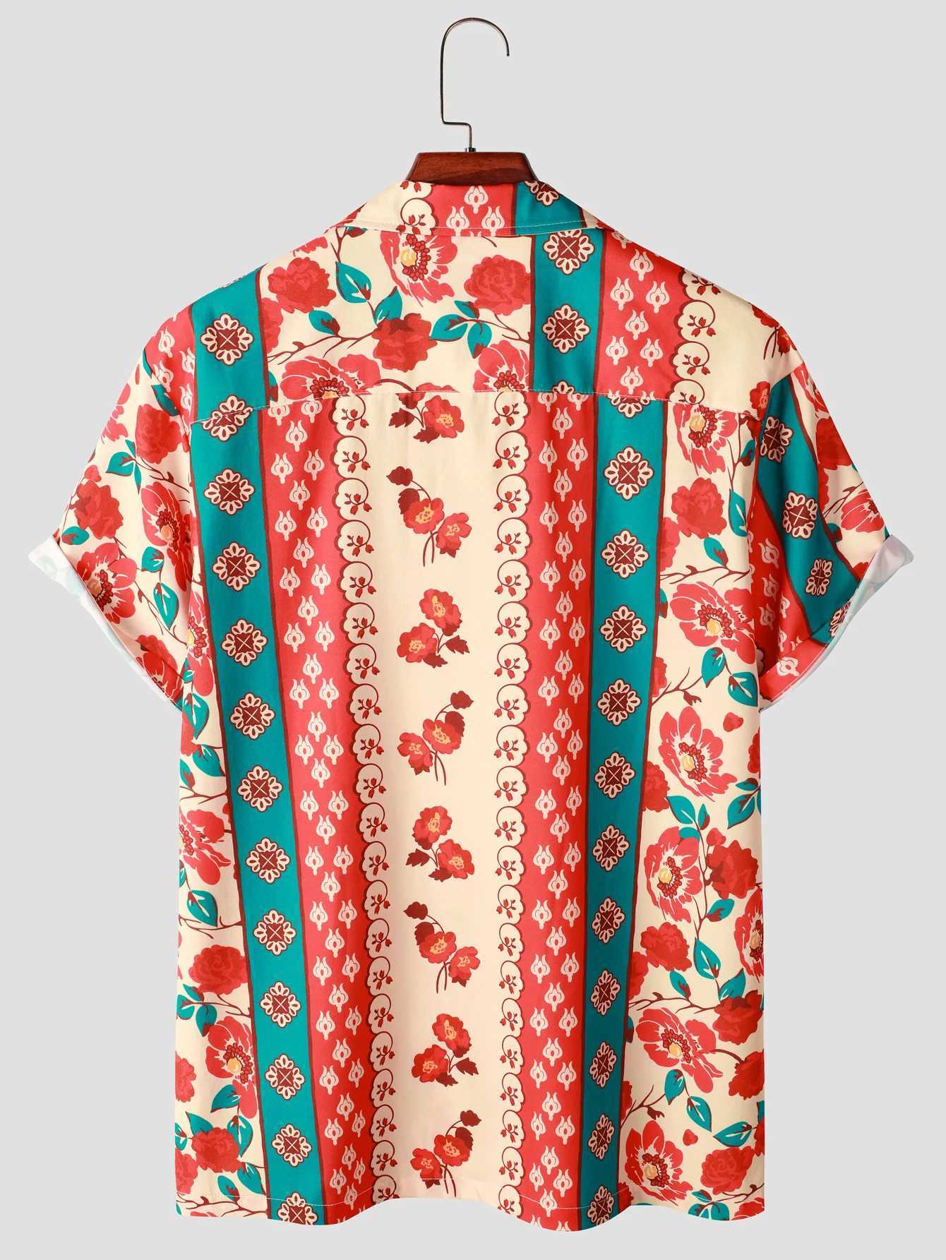Mens Hawaiian shirt - bright floral pattern short sleeves buttons summer casual beachwear X250410