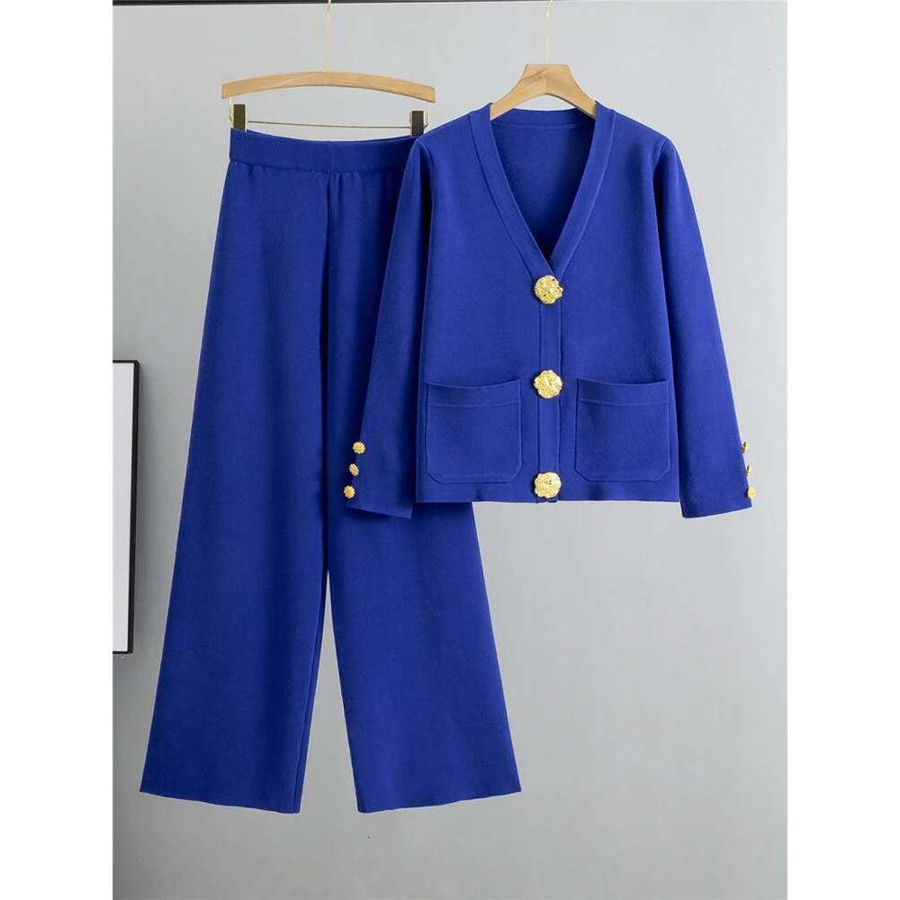 Fall Winter Women's Knit Sweater Sets Large Gold Button V-Neck Cardigan Coats Conjunto High Waist Baggy 95Cm Wide Leg Pants Suit