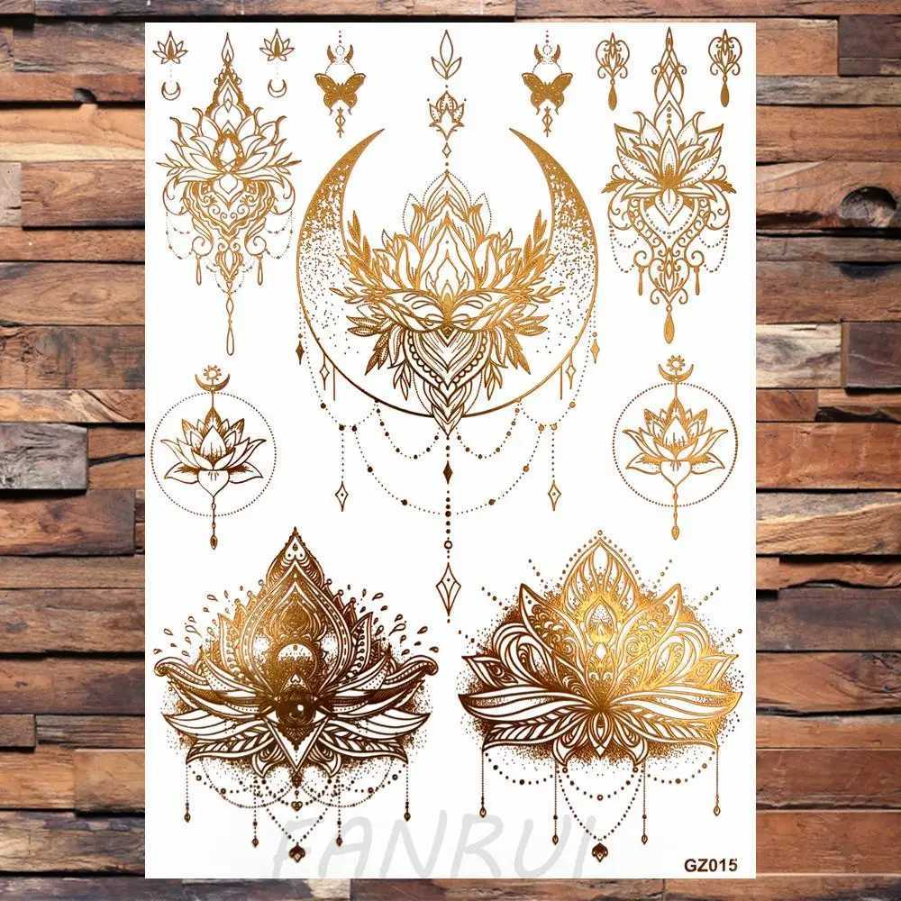 Real Elephant Moon Temporary Tattoo Female Fake Butterfly Lace Mandala Tattoo Sticker Gold Waterproof Chest Tattoo W250410