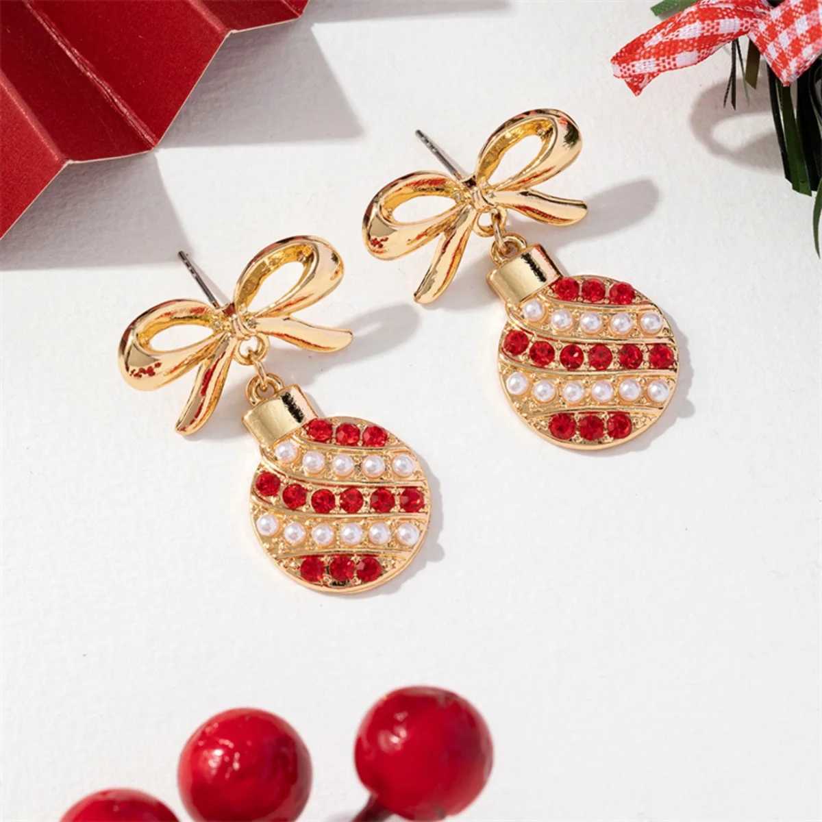 Christmas Holiday Drop Earrings Bowknot Imitation Pearl Red Rhinestone Light Bulb Pendant Earrings Jewelry Gift For Women Men J251110