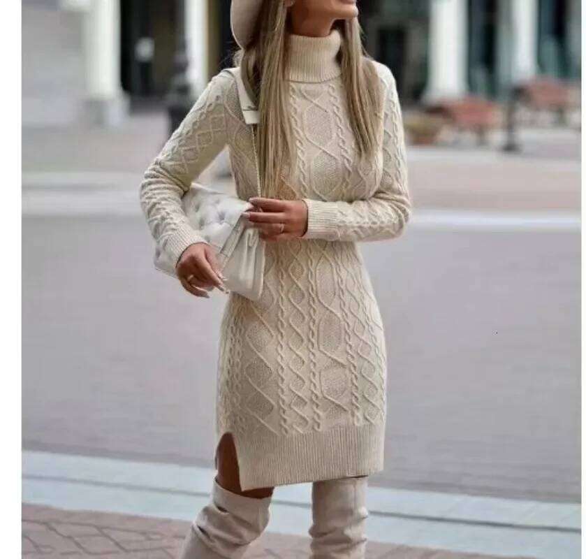 2024 Autumn Winter New Women's Wrap Hip Skirt High Neck Warm And Thickened Elegant Knitted Sweater Long Sleeve Dress