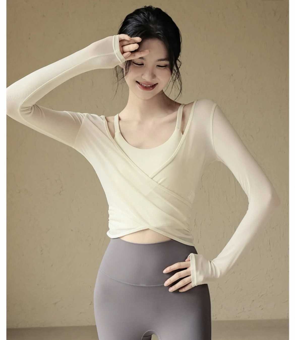 Prati Sports T-shirt V-neck Mesh Breathable Yoga Set Cross Cover Long Sleeve Running Training Fitness TopXJ250410