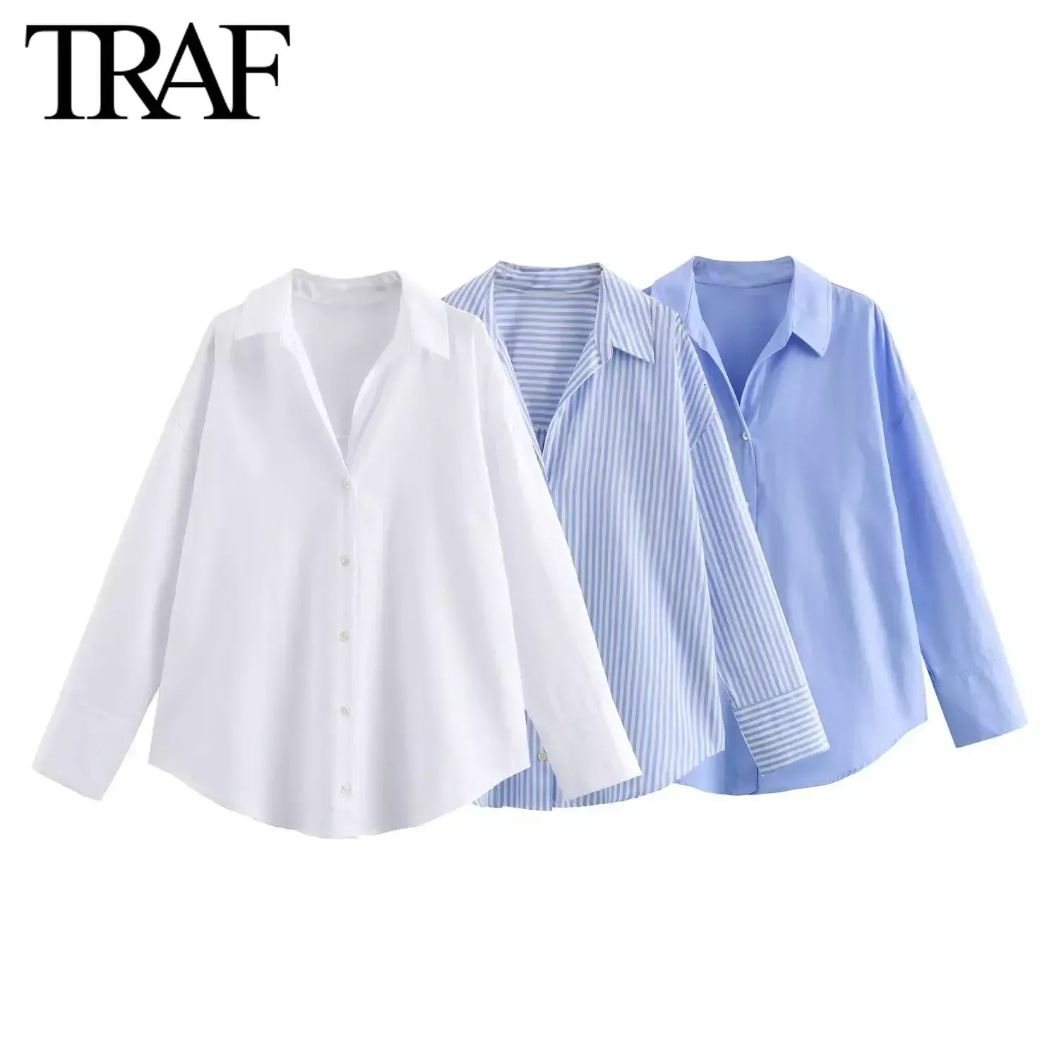 TRAF Womens Fashion Spring Cotton Oxford Long Sleeve Single breasted Collar Shirt Street Clothing Fashion Womens Top Unprinted Good Product 250409