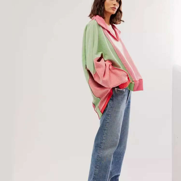 American Color-Block Sweatshirt For Women Loose Lazy Style Fleece Casual Pullover Sportswear With High-End Feel