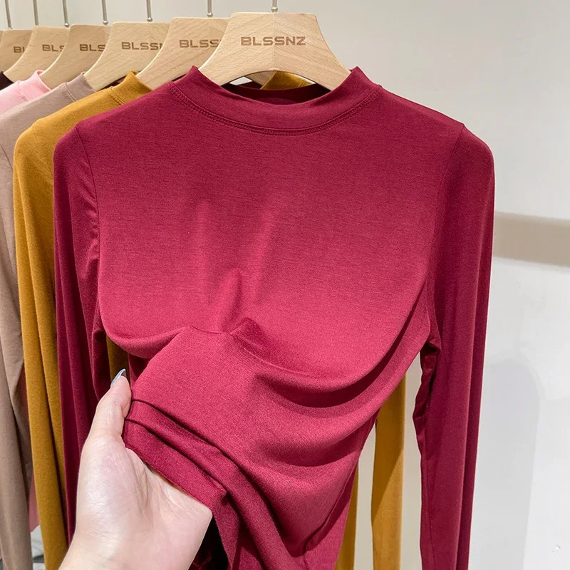Womens Spring and Autumn Office Basic Oneck Ultra thin Tshirt Solid Color Multiple Matching Trend Casual Top Thread Long Sleeve Elasticity 250407