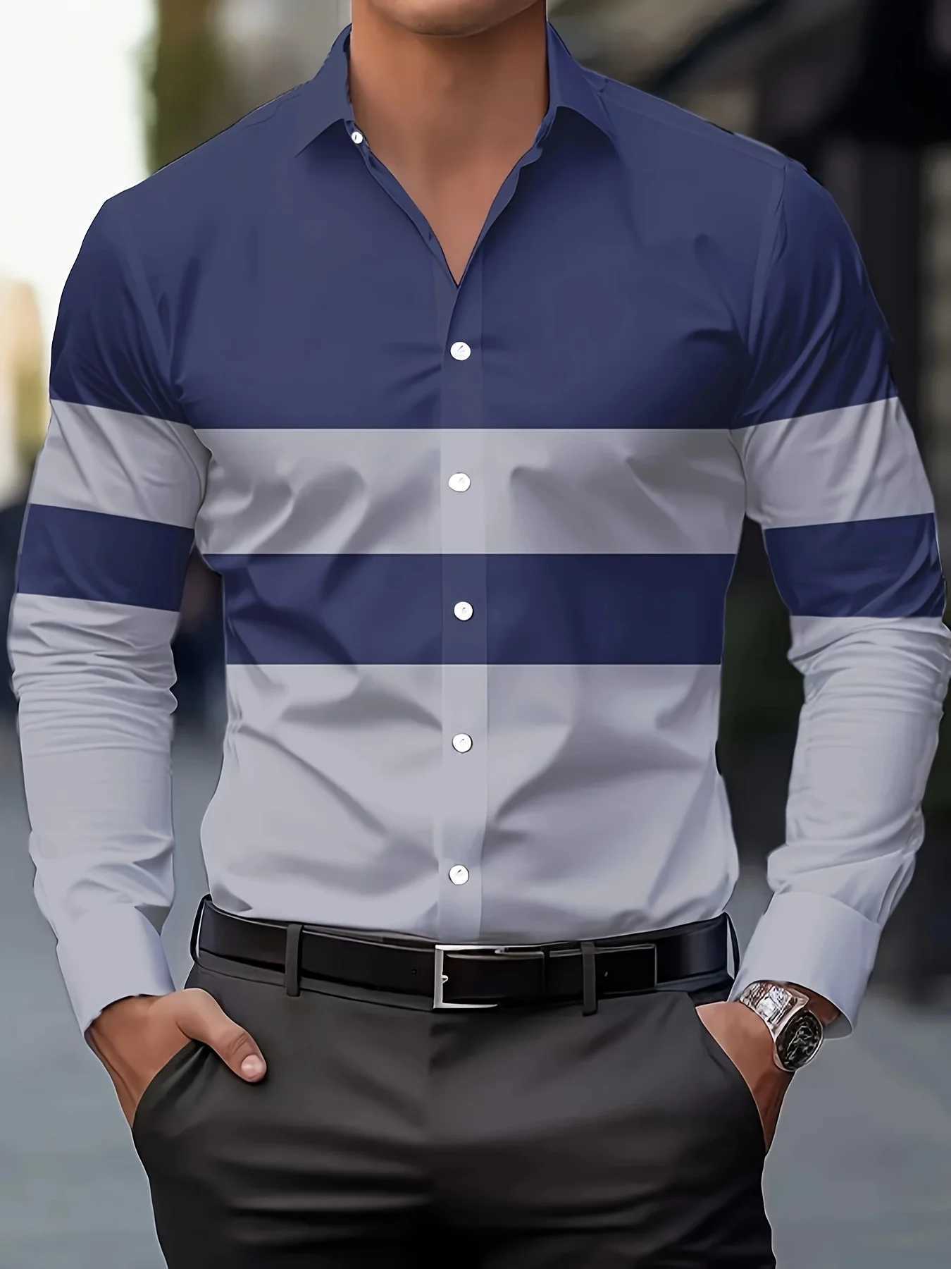 Mens Color Blocked Lapel Collar Design Dress Shirts Long Sleeve Casual Button Up Shirt For Formal Occasions simple design K251110