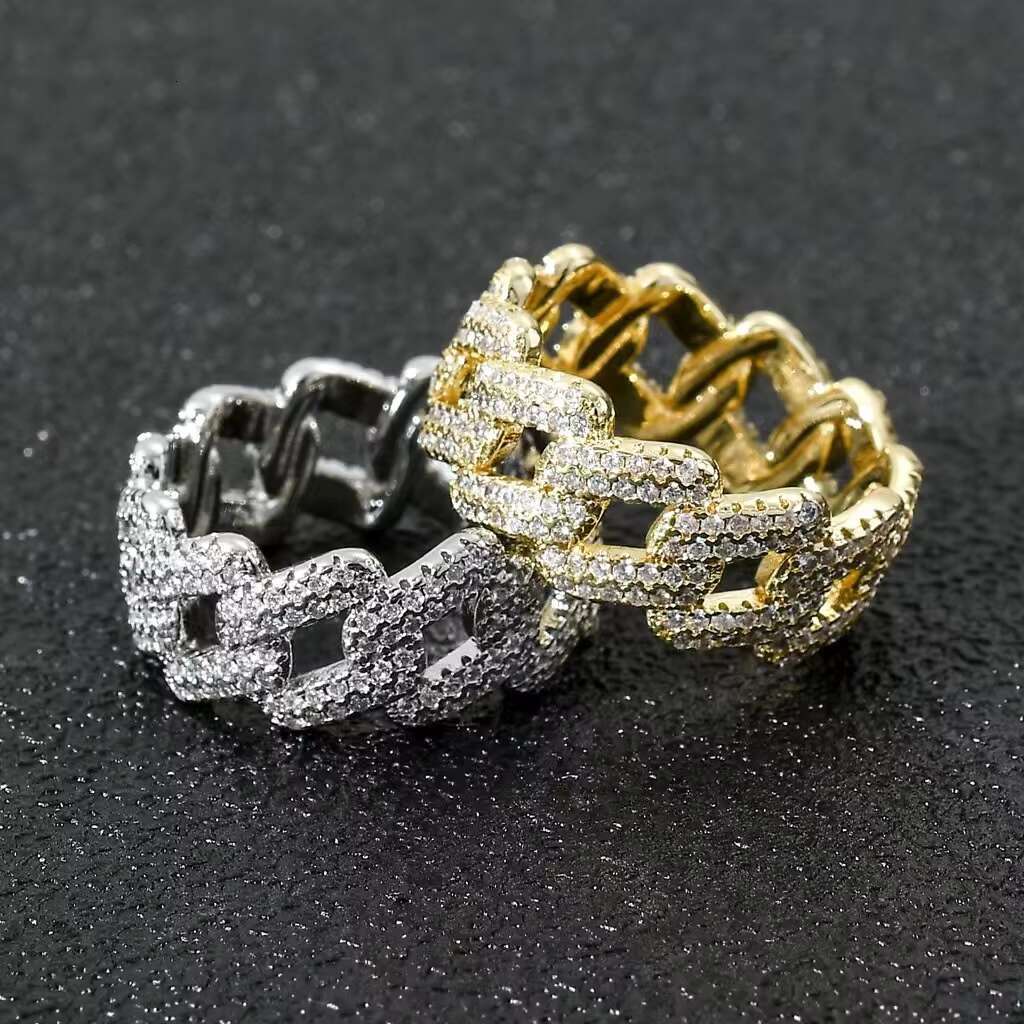 New Hip Hop Ring 14K Gold Plated Jewelry Fashion Diamond Ring Bling Iced Out CZ/Moissanite Cuban Chain Ring for Women and Men