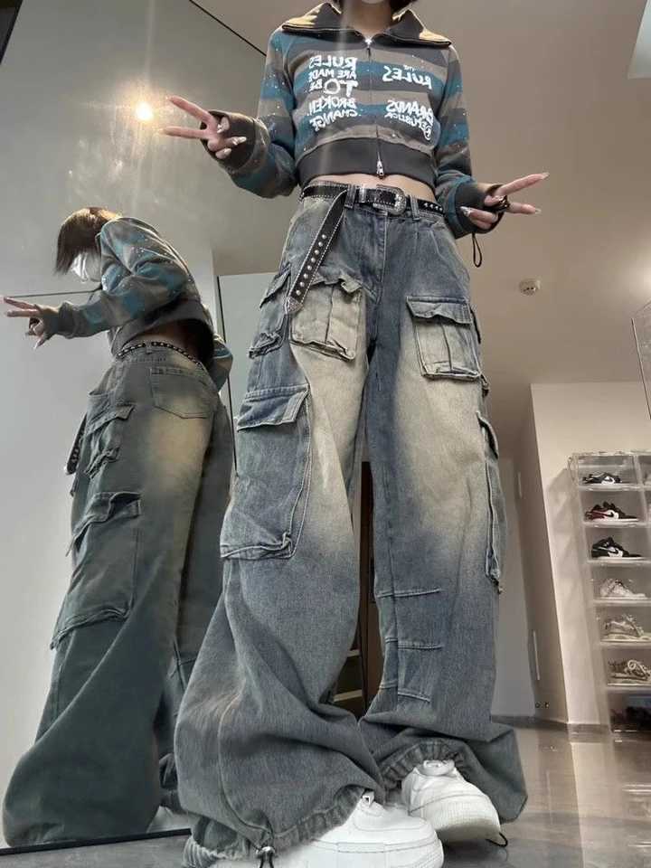American Streetwear Cargo Jeans Women Y2K 90S Retro High Waist Washing Loose Denim Trousers Hip Hop Pockets Wide Leg Pants C251110
