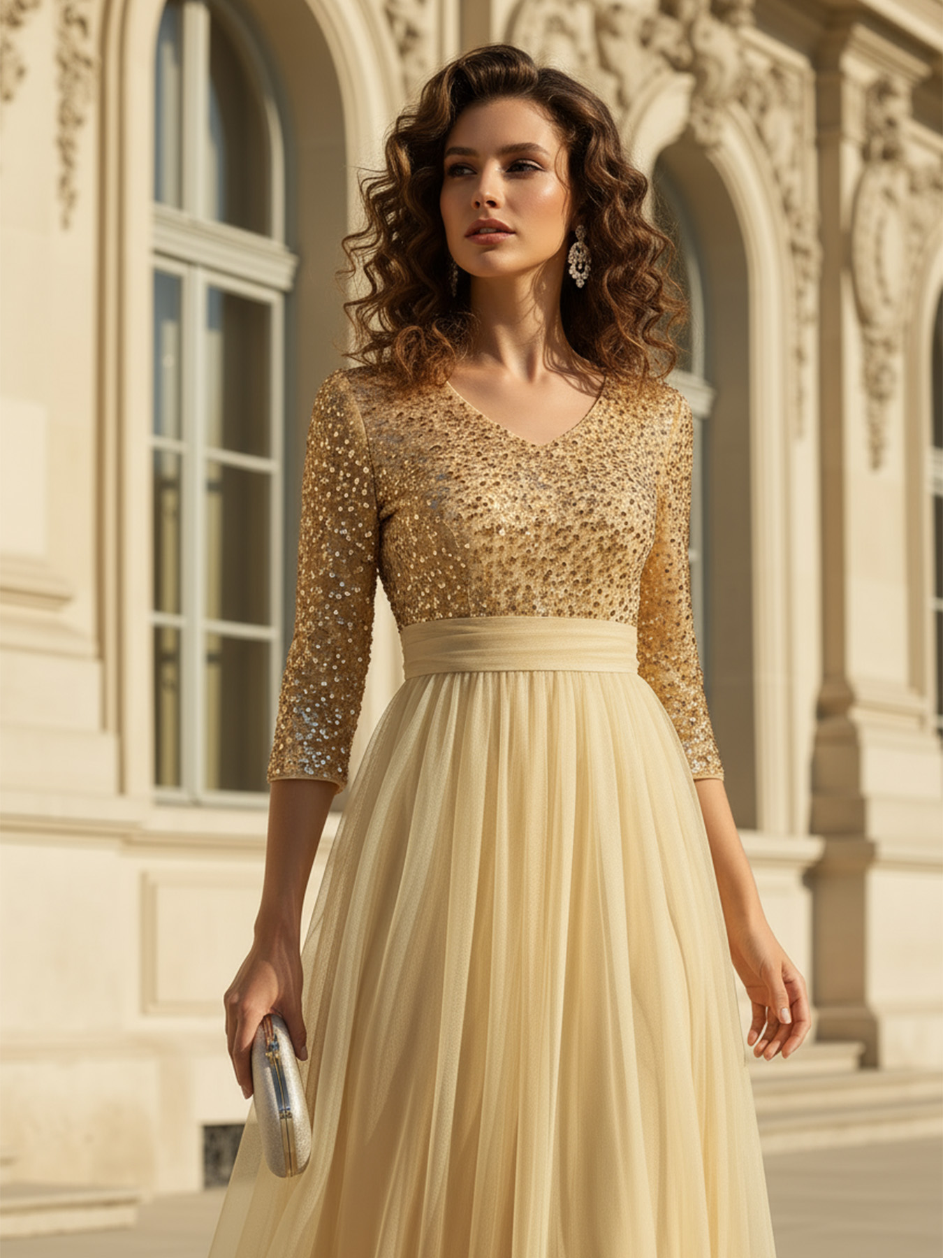 Women's Elegant Glamorous Sequin Tulle Evening Gown, 3/4 Sleeve V-Neck Contrast Color Maxi Dress--D388