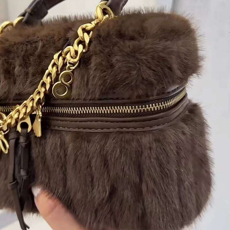 Faux Mini Box Bags For Women Luxury Designer Handbag And Purse 2025 New In Polyester Imitation Rex Rabbit Fur Chain Shoulder