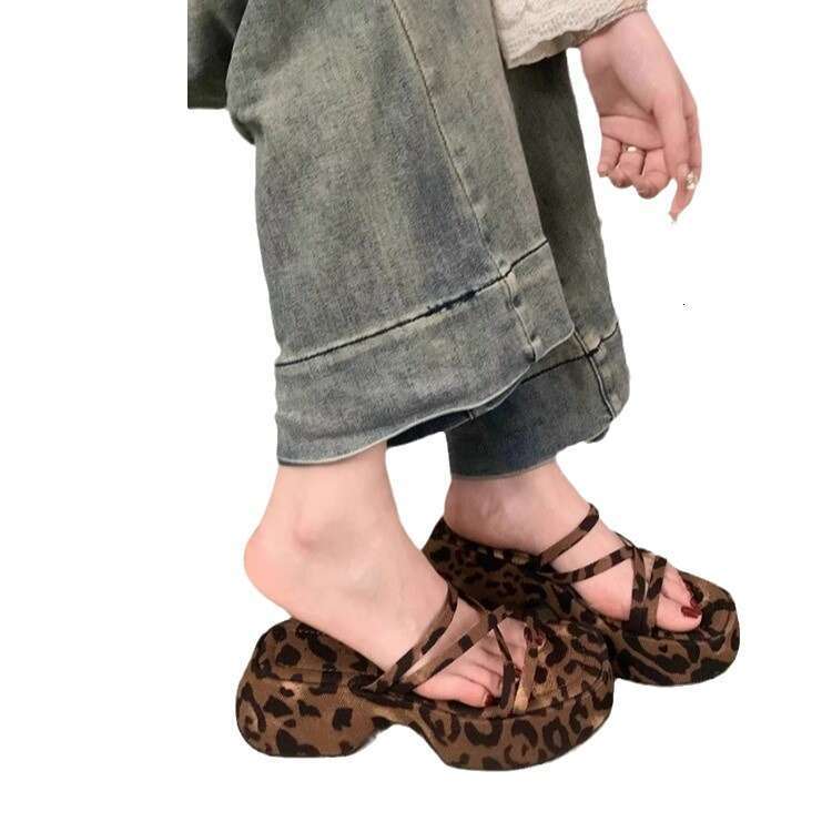 Woman Sandals Fashion Leopard Print With Sponge Cake And One Line Slippers Women S Summer New Thick Sole Wedge Heel Sandals