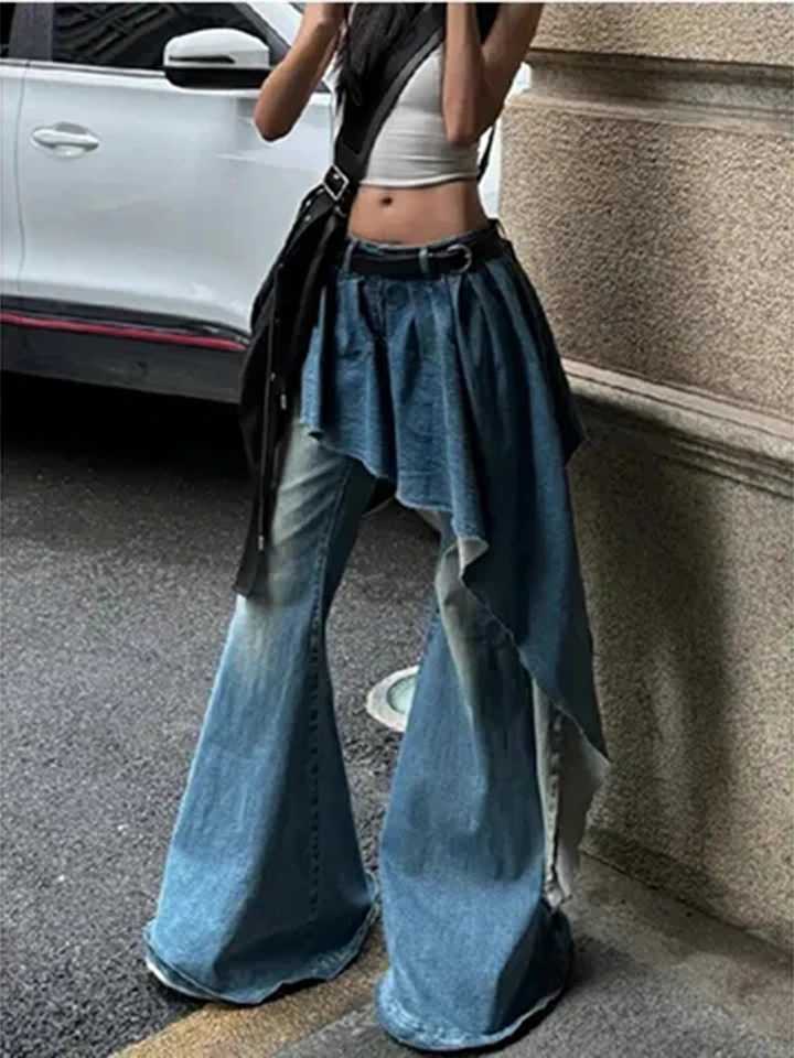 Streetwear Vintage Women Jeans Irregular Fake Two Pieces Patchwork Denim Pants American Fall High Street Hottie Flared Trouser C251110