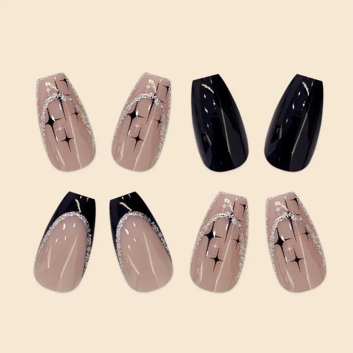 Womens 24pcs/set short coffin shaped black French glitter and star Versatile Beautiful full set wearable fake nails W250410