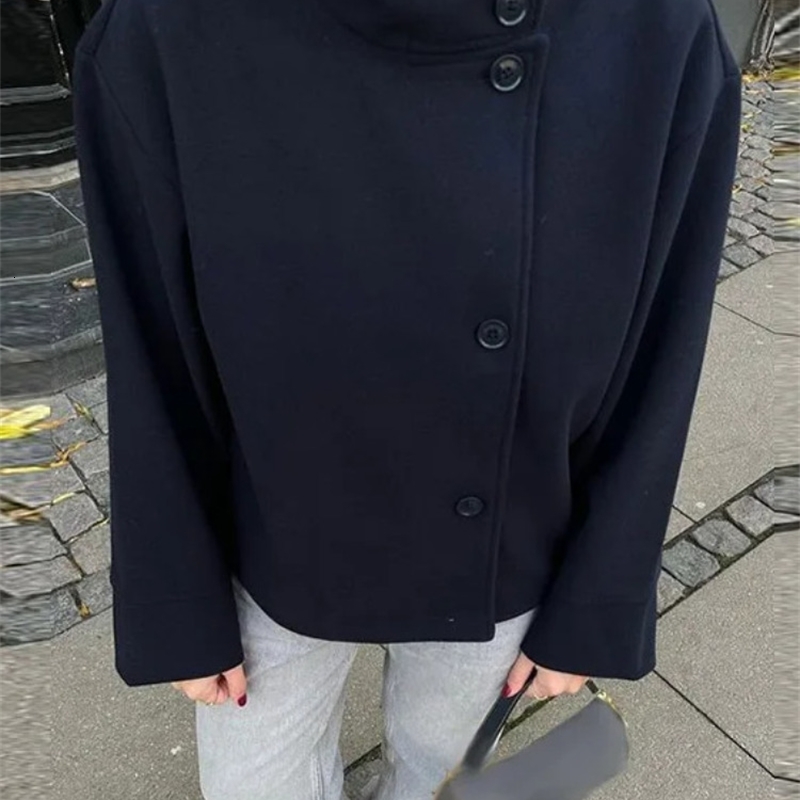 Urban Black Woolen Blend Coat Stand Collar Singlebreasted Long Sleeve Thick Warm Jacket Autumn Winter Lady Outwear 251105