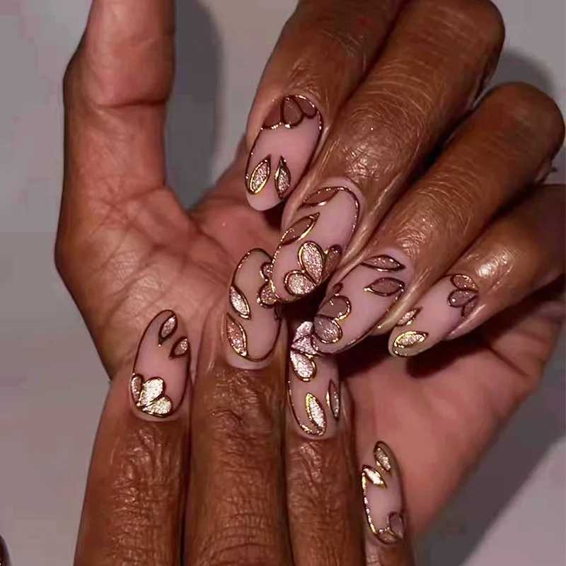 24 Simple French Fake Nails with Almond Head Design Detachable 3D Irregular Star Pattern Tool for Manipulating Fake Nails W250410