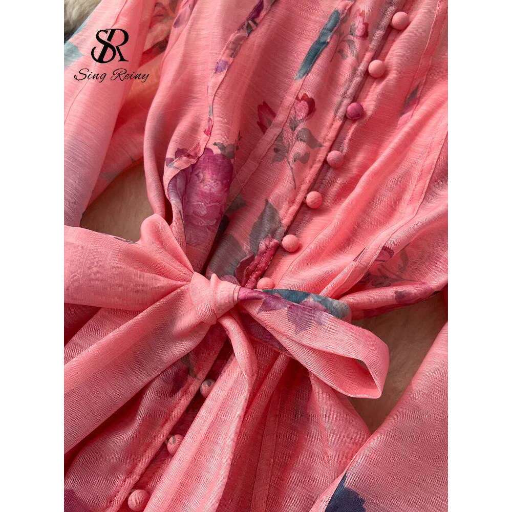 SINGREINY French Style Court Floral Maxi Lantern Sleeve Belt Slim High Quality 2025 Autumn Fashion Luxury Party Dresses