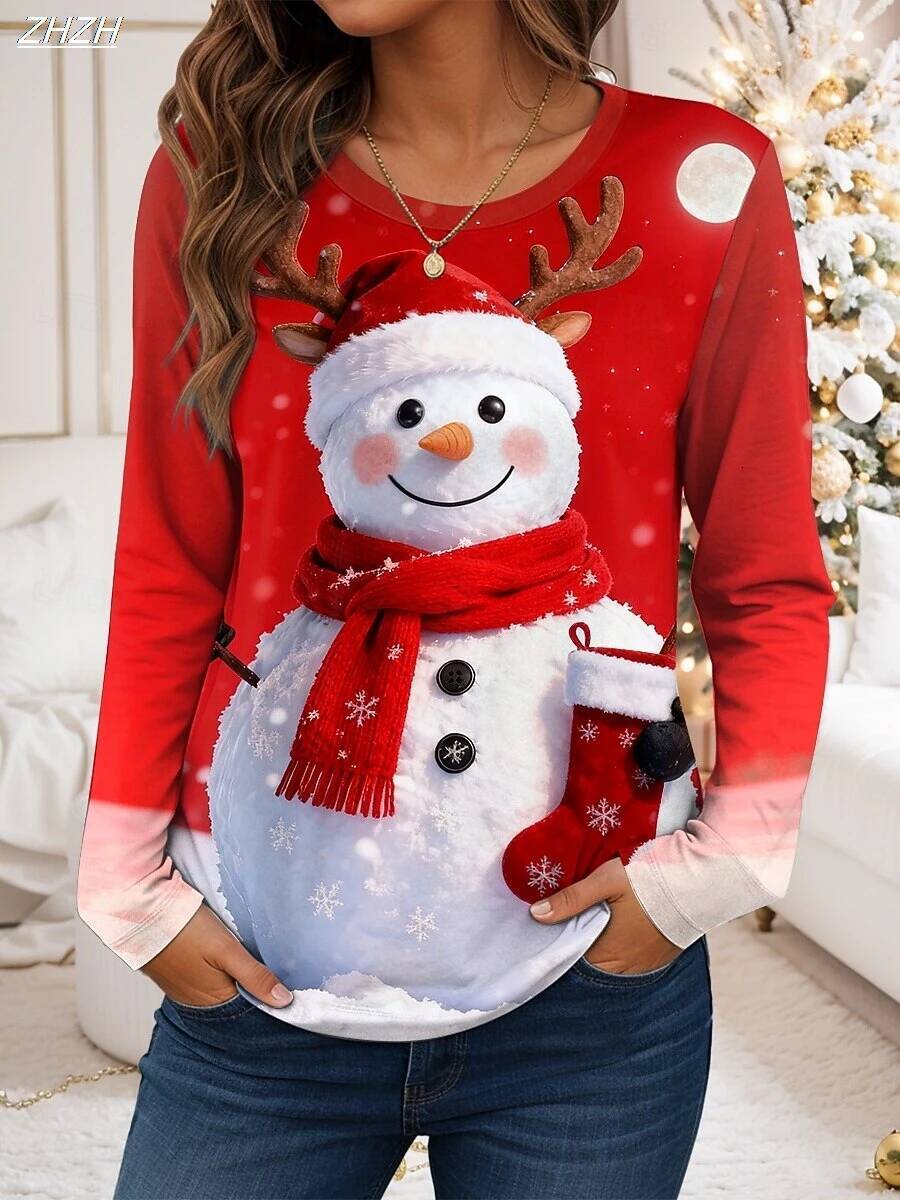 Ddmytues Christmas Women's Festive Snowman Print Long Sleeve, Holiday Graphic Top, Round Neck Casual Style, Fall Winter Seasonal Wear