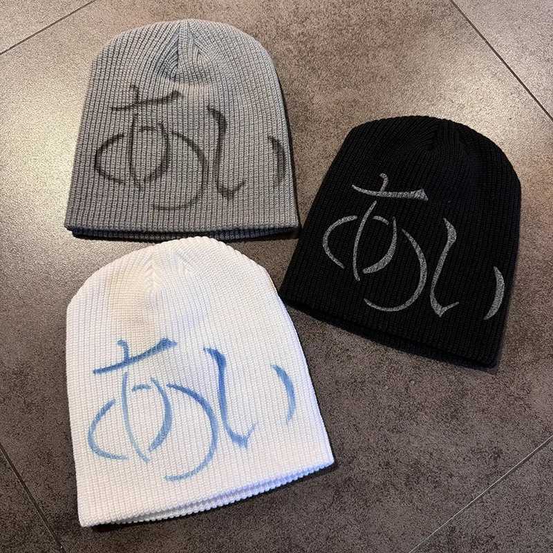 Y2K Japanese Sanskrit Letter Print Knitted Hat Autumn and Winter Street New Unisex Warm Personal Versatile Fashion Niche BeaniesXJ251110