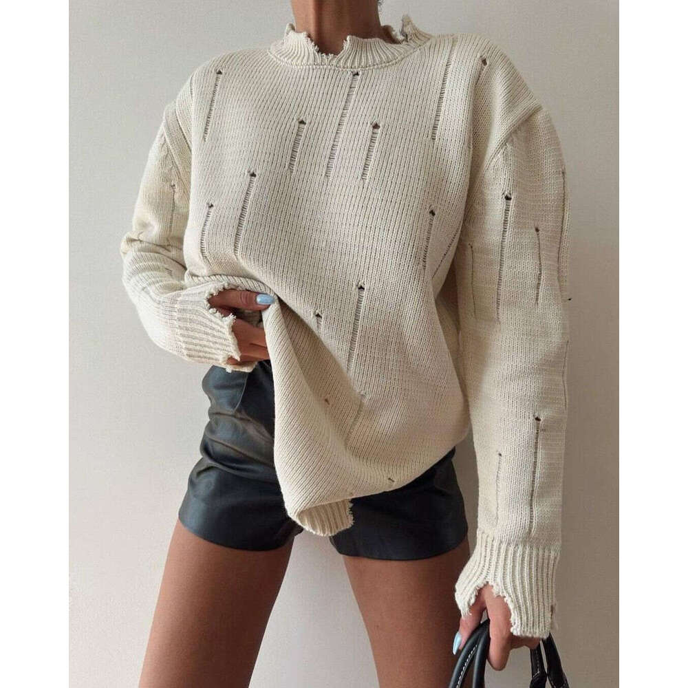 2024 European and American early autumn new loose fitting pullover top women's hand worn round neck sweater