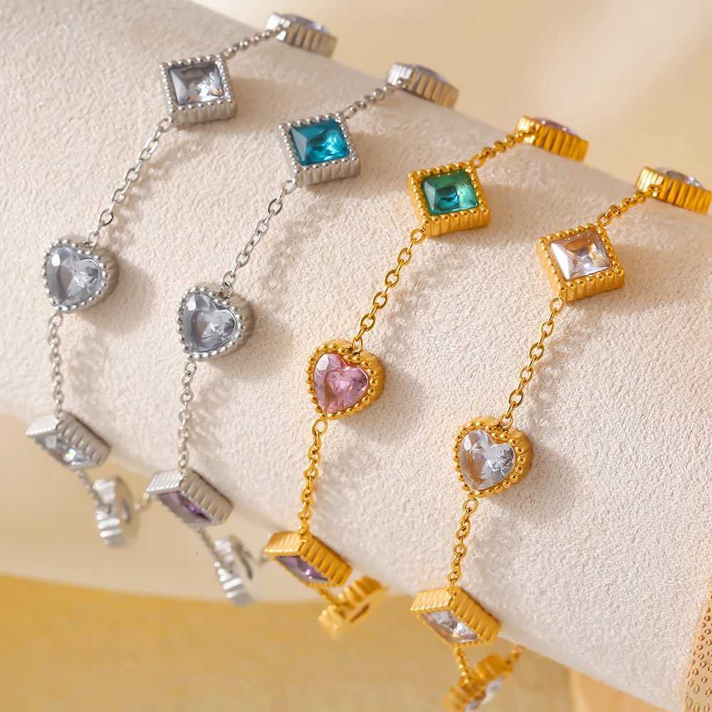 Colorful Square And Heart Zircon Bracelet For Women 18K Gold Plated No Tarnish Charm Womens Stainless Steel Braccelets JewelryT251110