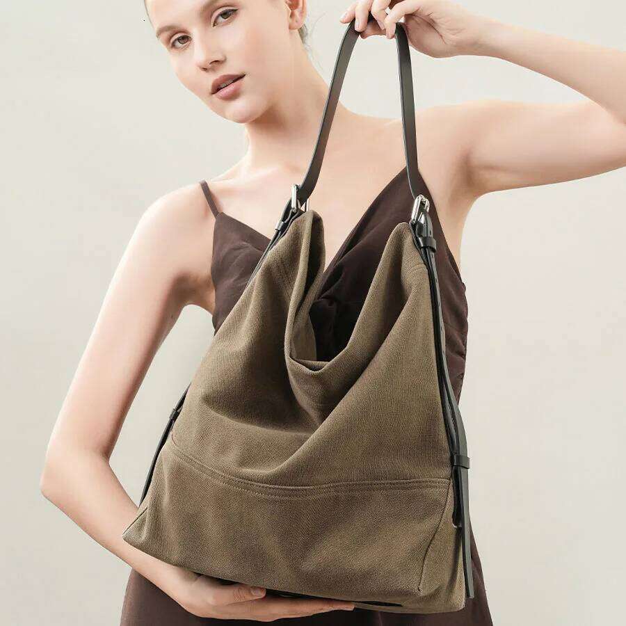 Canvas With Cowhide Straps Tote New Niche Design Vintage Large Capacity Simple And Fashionable Ladies' Shoulder Bag 251110