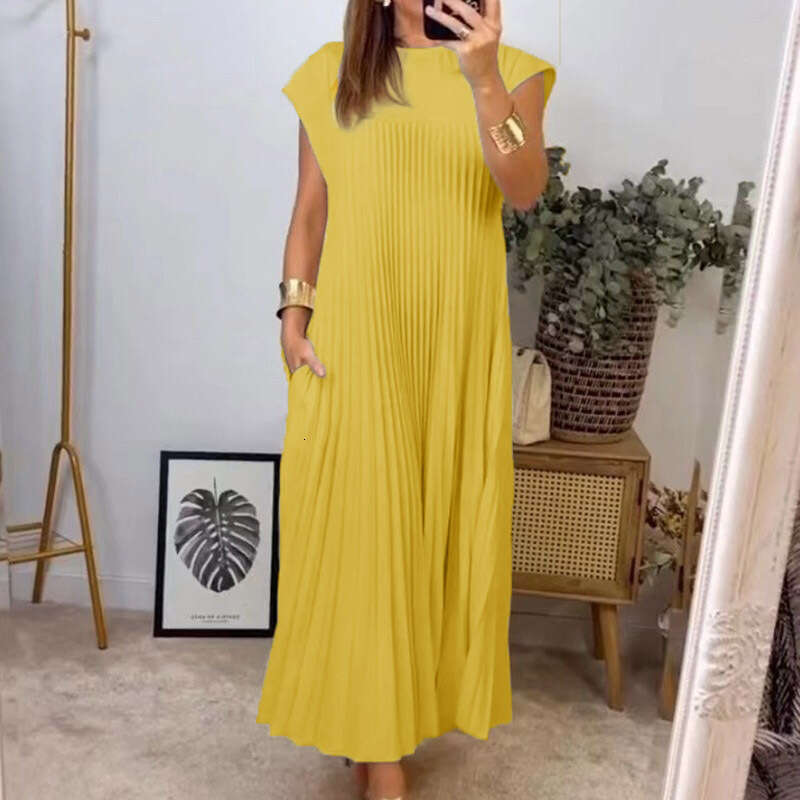 2024 Autumn New Cross-border European and American Women's Clothing Elegant Fashion Round Neck Sleeveless Pleated Long Dress