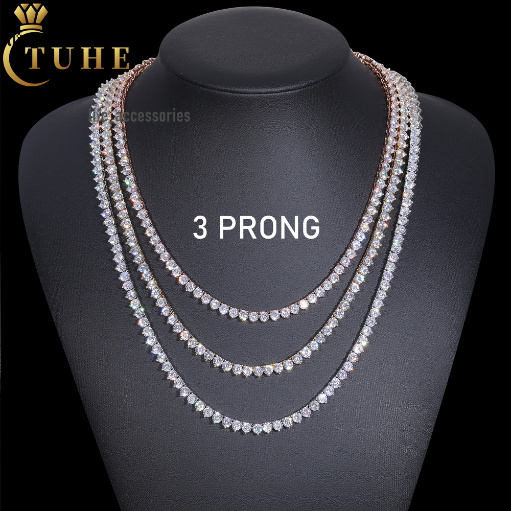 3mm 4mm 5mm 3 Prong Moissanite Tennis Chain Wholesale Custom 925 Sterling Silver VVS Mossanite Fashion Tennis Necklace