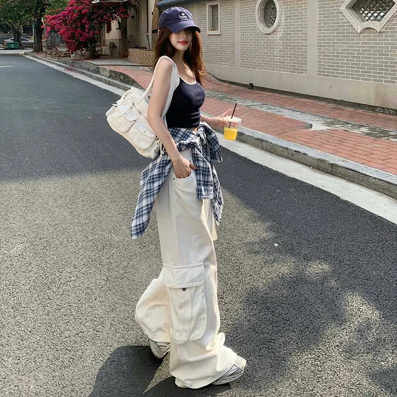 High Waist Relaxed Fit Drag Bottom Casual Loose Women Jeans Trousers Long Pant Wide Leg Denim Overalls C251110