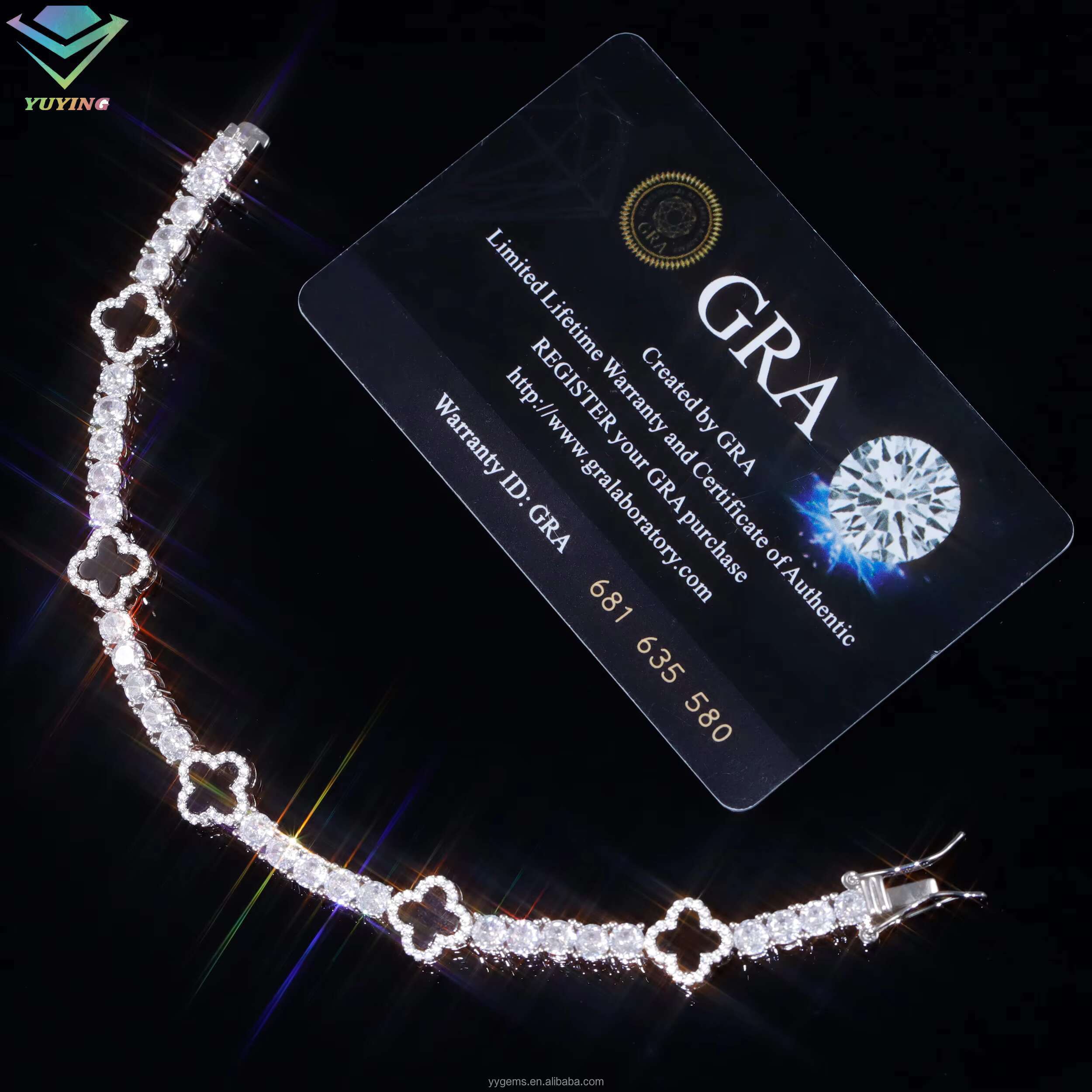 GRA Certificate Iced Out Diamond Agate Clover Bracelet S925 Silver VVS1 Moissanite Tennis Bracelet
