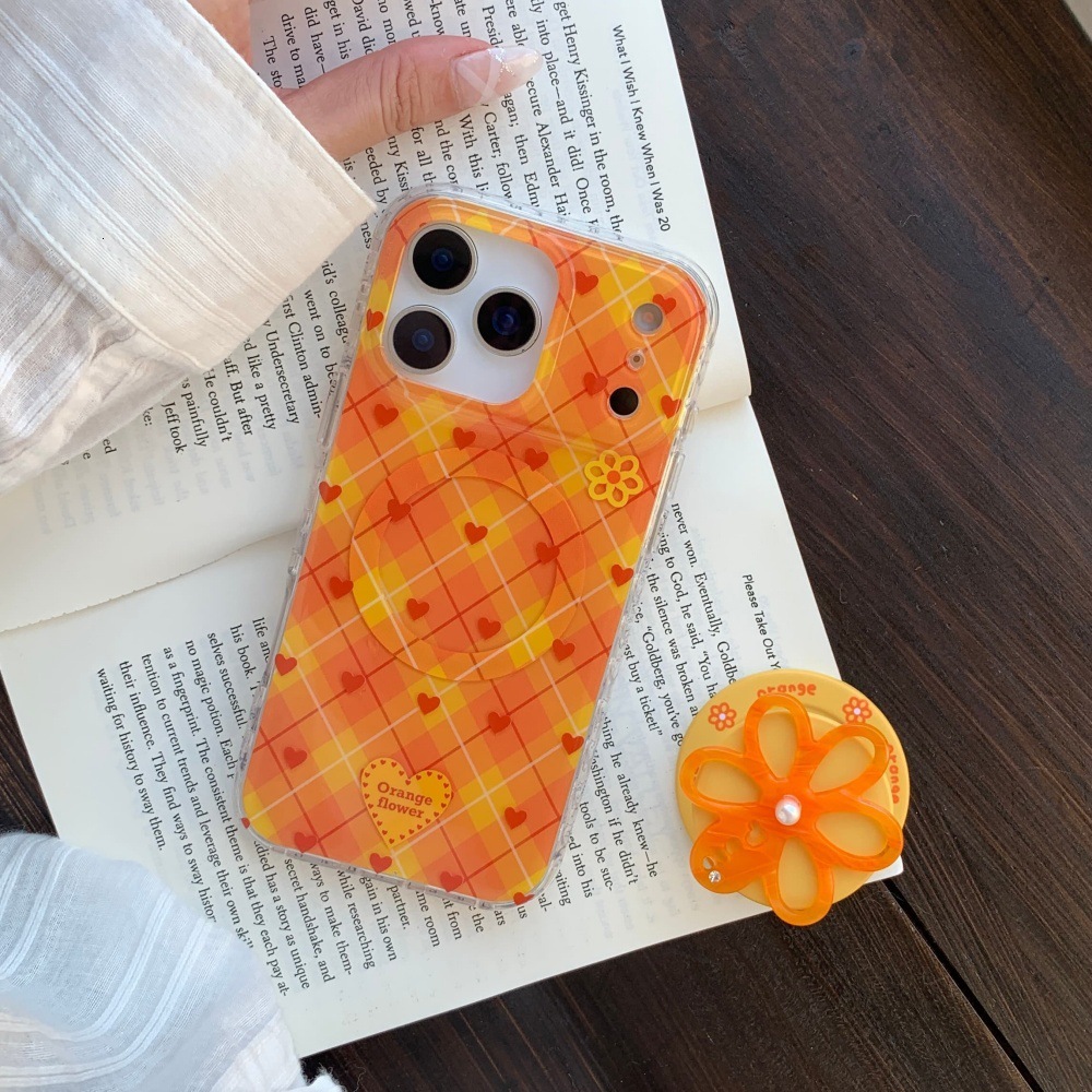 Plaid Heart Flower Stand Phone Case Compatible with iPhone 17/16 Cartoon Solid iPhone Color 15/14 Pro