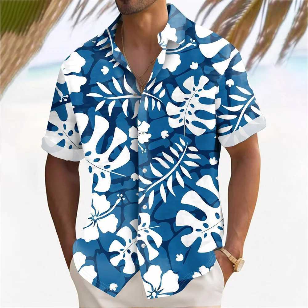 Beach holiday style Hawaiian shirt with leaf and flower patterns summer travel short sleeved top fashionable casual lapel button up shirt X250410