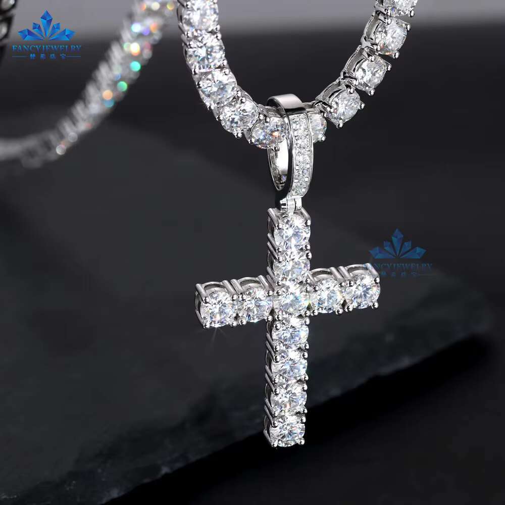 Hip Hop Jewelry Custom Diamonds Necklace Pendant 925 Sterling Silver Iced Out 5.0mm VVS Moissanite Cross Pendant Tennis Chain
