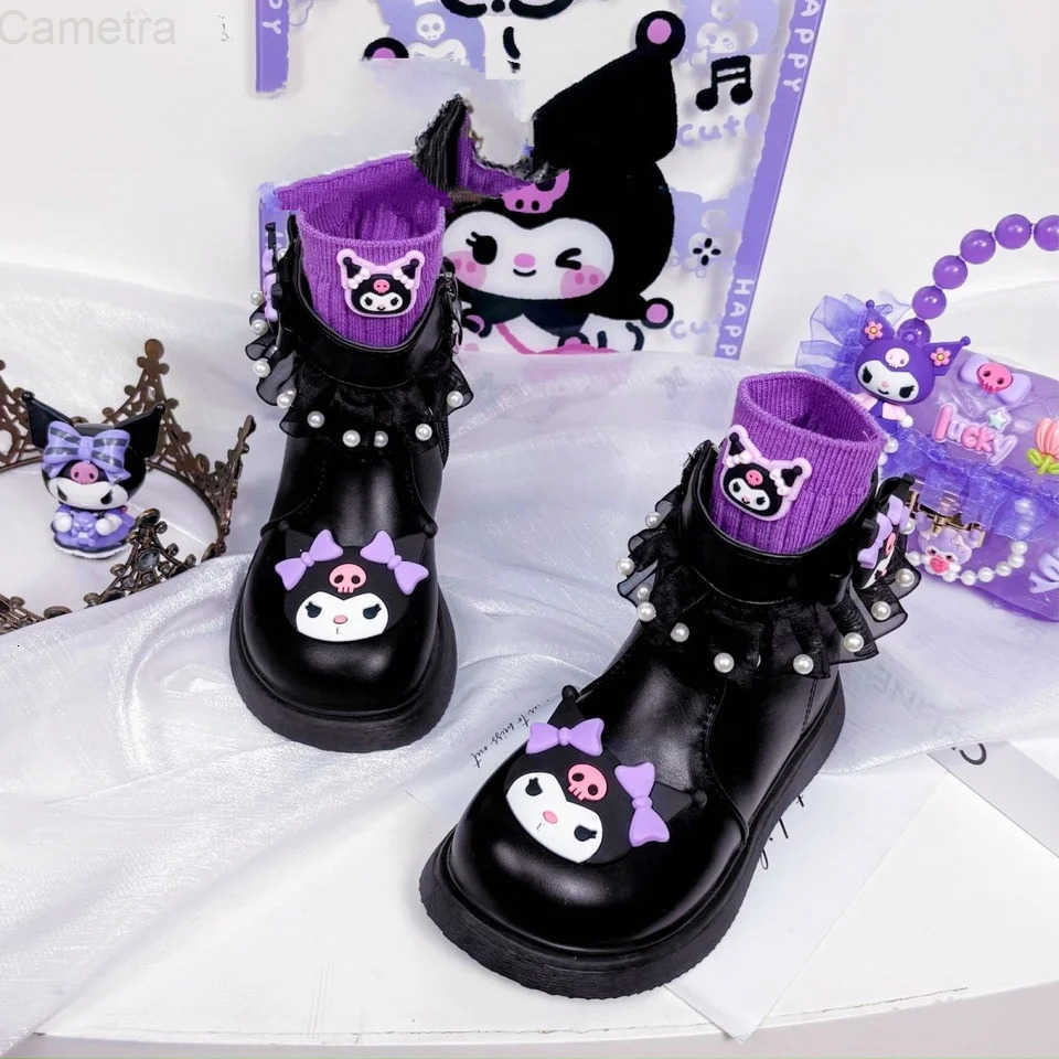Sanrio Kids Princess Shoes Cute Kuromi Soft Sole Girls Leather cotton Boots Comfort Non-slip Autumn Winter Children Short Boots H2511101