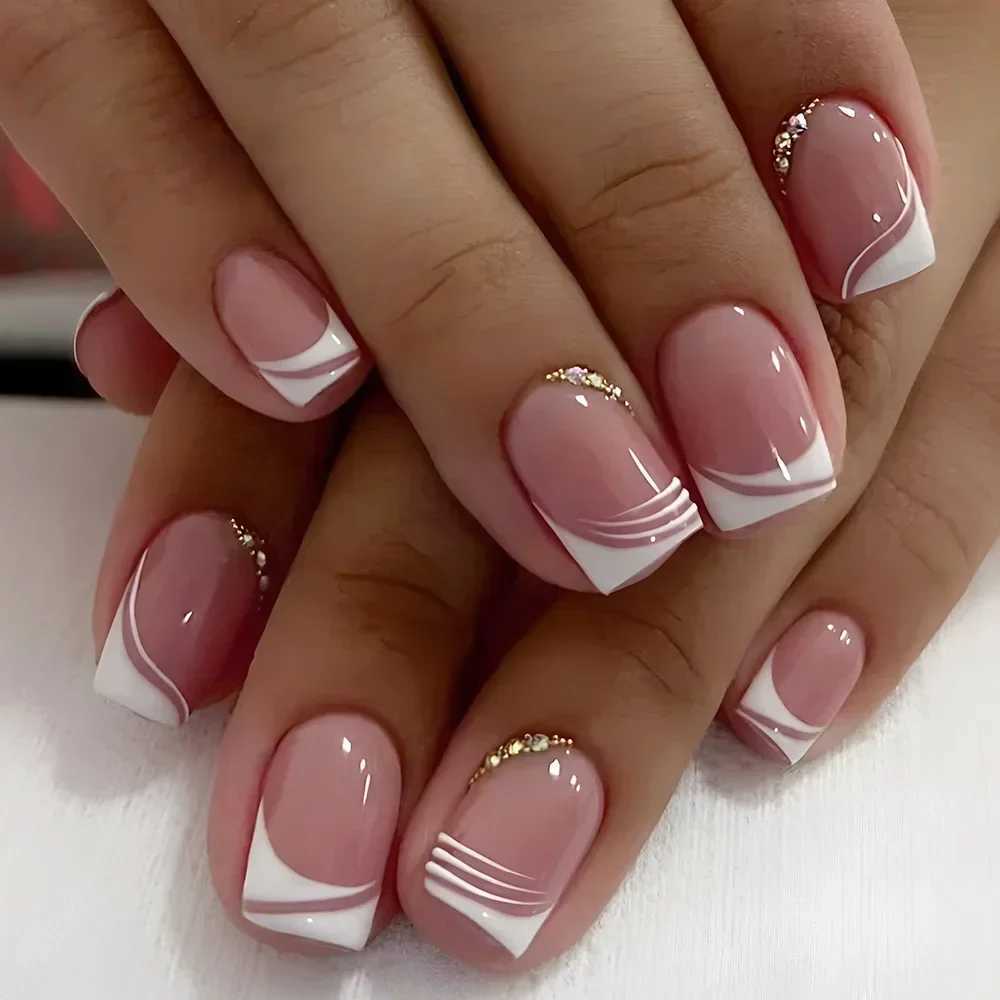 24pcs nude white French fake nails short square nail tips fashionable wearable fake nails with glue simple full set press nails W250410